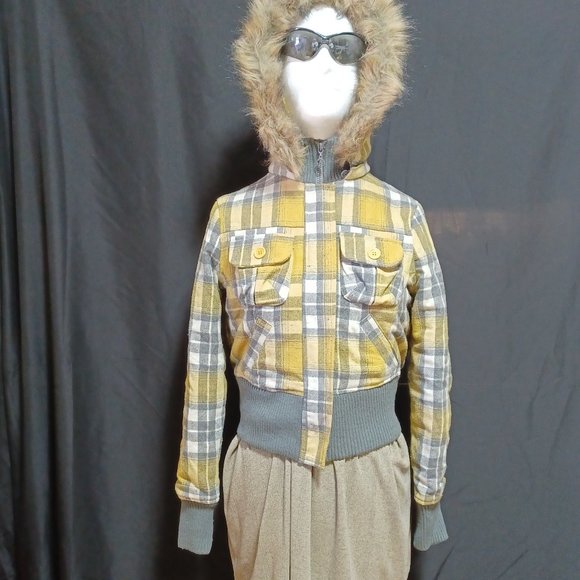 Jou Jou Jackets & Blazers - JOU JOU Yellow & Gray Plaid Hooded Bomber Jacket SIZE 8